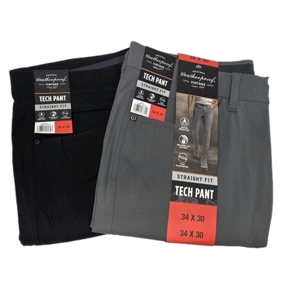 Weatherproof 2-pk Men's Straight Stretch Tech Pant 34x30 Flex Waist Black & Gray - Picture 2 of 16